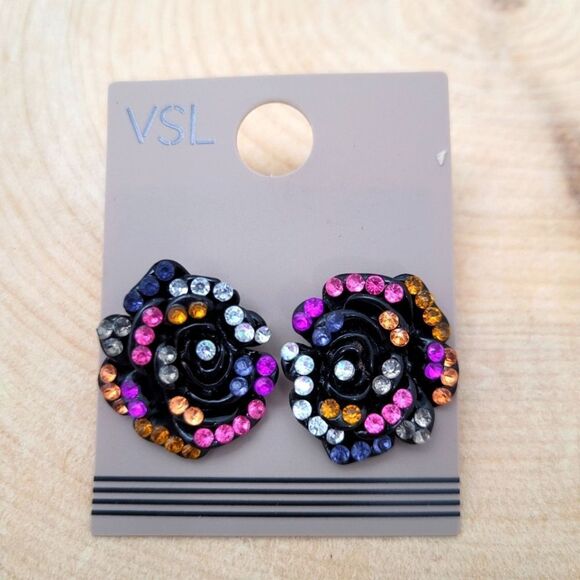 Brand New Fashsion Black & Colours Stone Rose Earrings - Picture 1 of 8